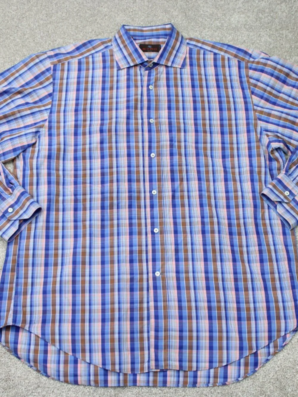 ETRO Milano Shirt Mens 44, XL Blue/Pink Check 100% Cotton Long Sleeve Button